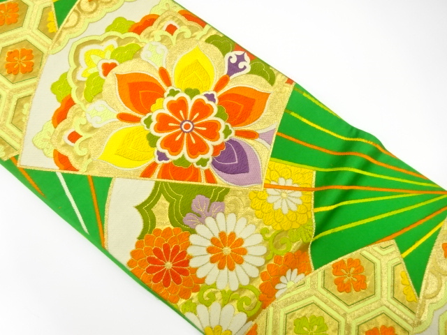 JAPANESE KIMONO / ANTIQUE FUKURO OBI / SILK / WOVEN FAN & FLORAL CREST